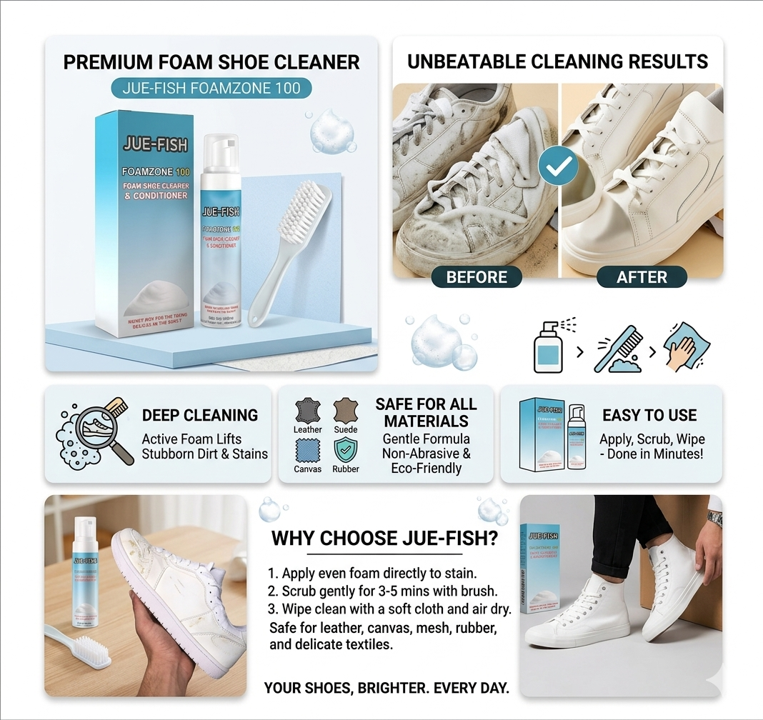 Effortless shoe cleaning with deep foam action. Safe, quick, and effective on all materials.