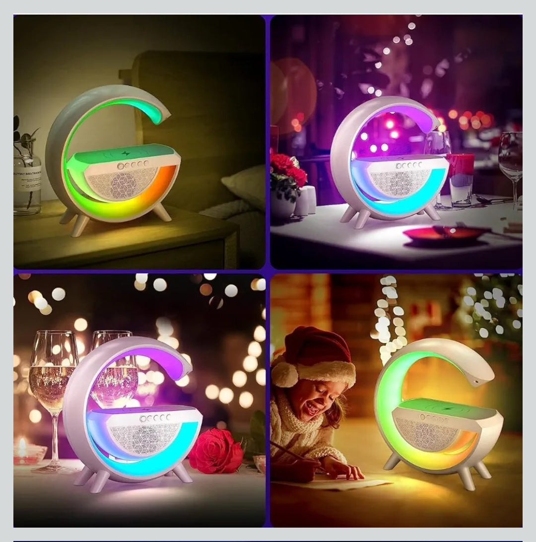 WBD G Shape Rechargeable Multifunctional Bluetooth Speaker with 15W Wireless Charger Cum Color Changing Desk Lamp Luxurious Google Bedside Table Lamp FM Radio with AUX and Wireless Charger