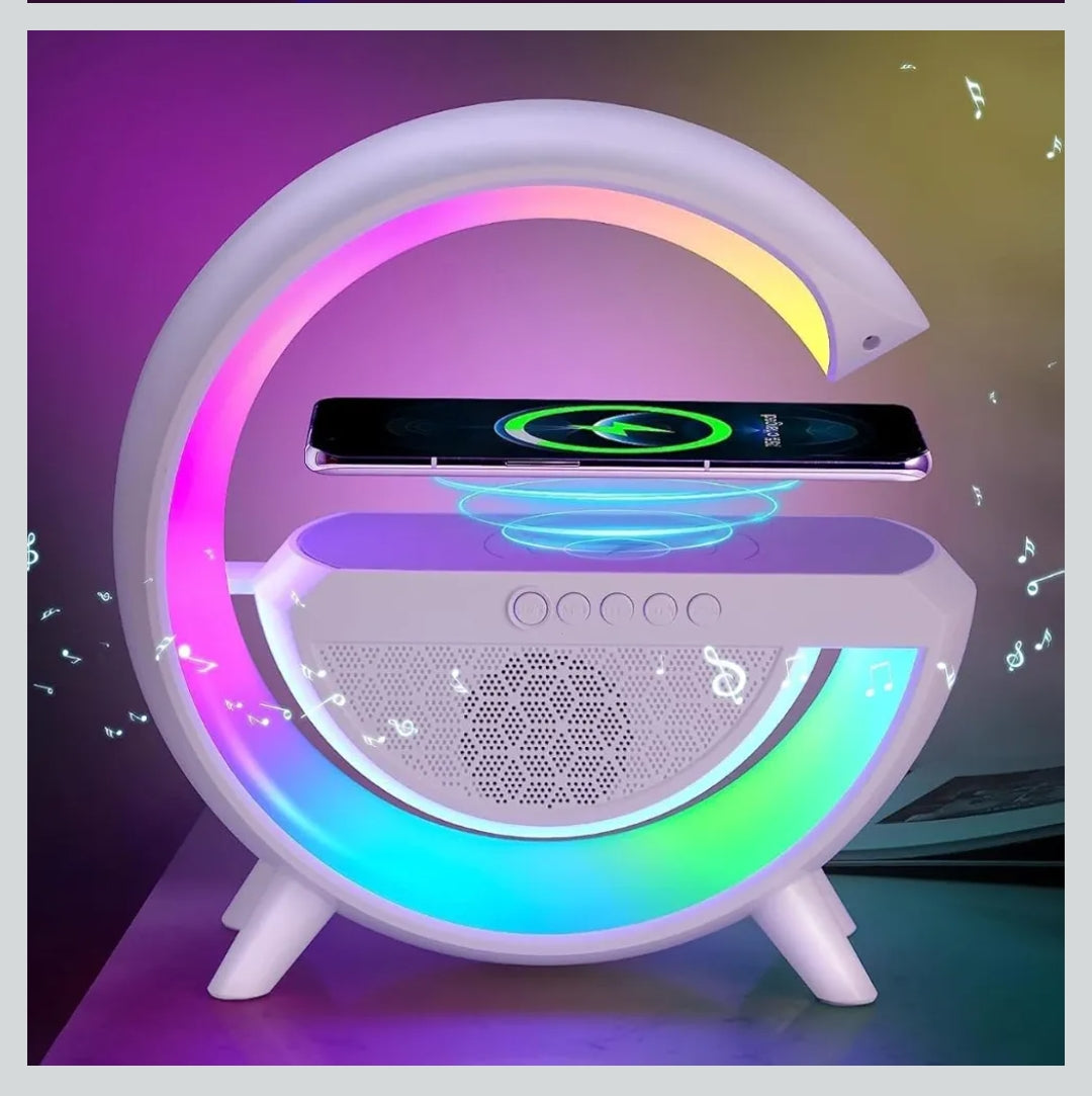 WBD G Shape Rechargeable Multifunctional Bluetooth Speaker with 15W Wireless Charger Cum Color Changing Desk Lamp Luxurious Google Bedside Table Lamp FM Radio with AUX and Wireless Charger