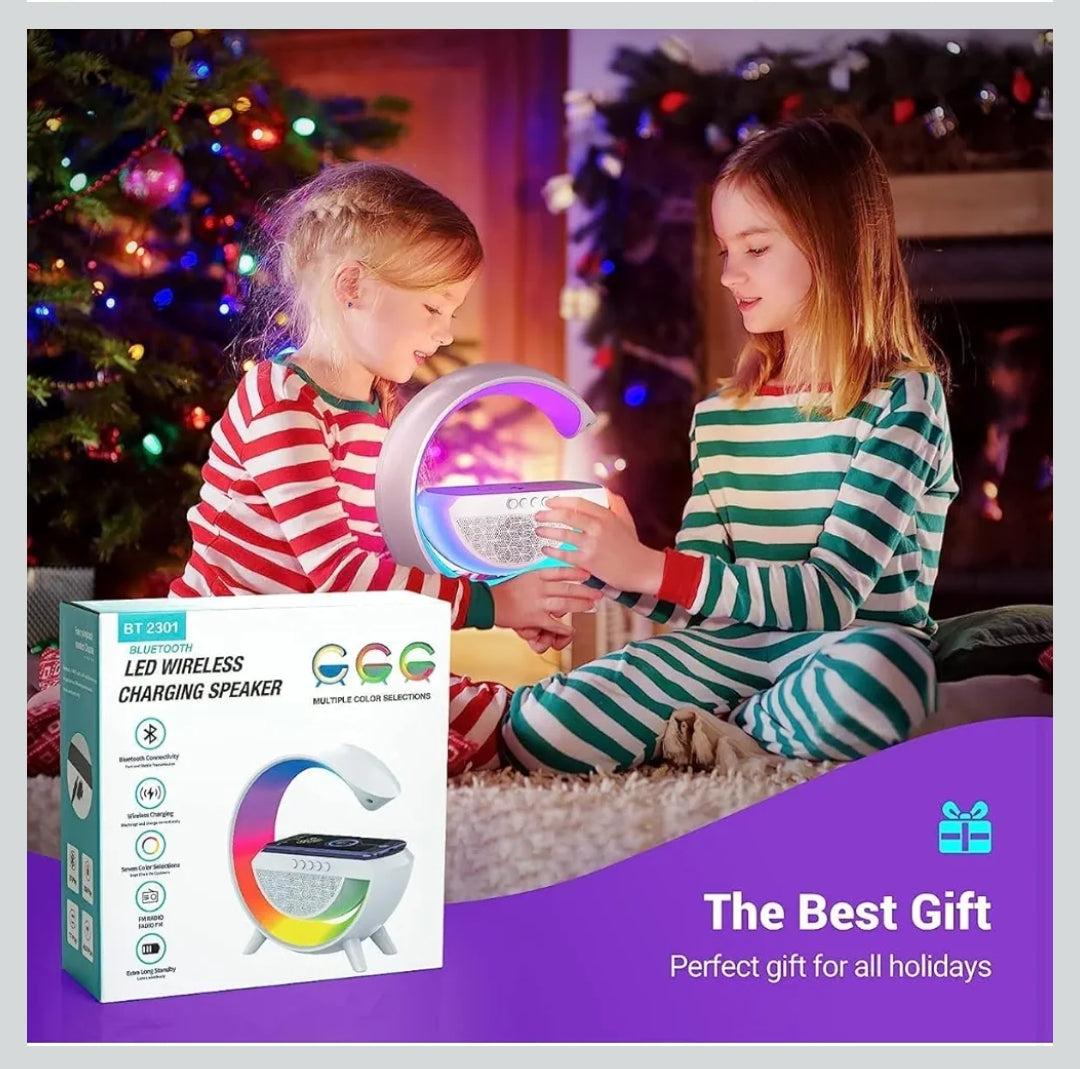 WBD G Shape Rechargeable Multifunctional Bluetooth Speaker with 15W Wireless Charger Cum Color Changing Desk Lamp Luxurious Google Bedside Table Lamp FM Radio with AUX and Wireless Charger