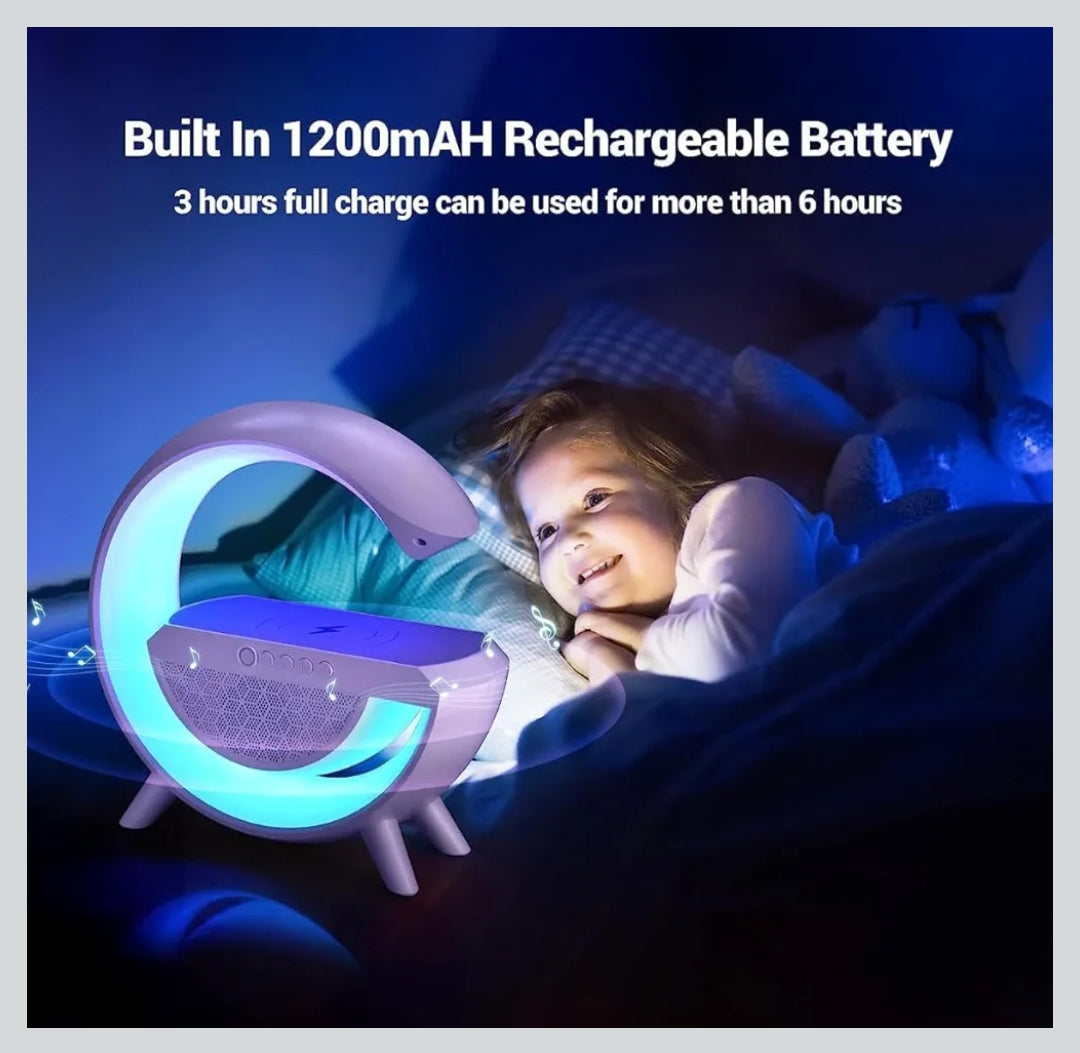 WBD G Shape Rechargeable Multifunctional Bluetooth Speaker with 15W Wireless Charger Cum Color Changing Desk Lamp Luxurious Google Bedside Table Lamp FM Radio with AUX and Wireless Charger