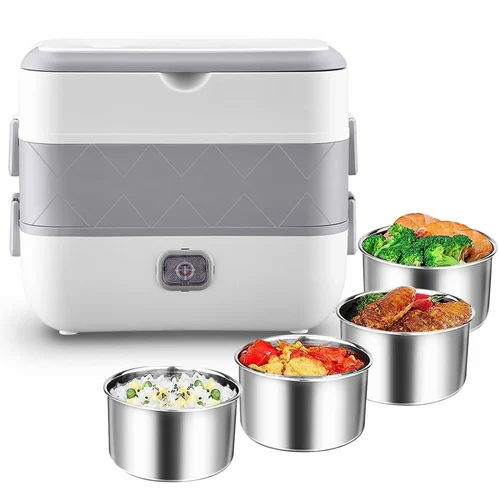 Portable Self Cooking Electric Lunch Box, 2L Mini Rice Cooker, 2 Layers 4 Stainless Steel Steamer Food Insulation Lunch Box for Home Office School Travel Kitchen Cook Raw Food, 110V/250-300W