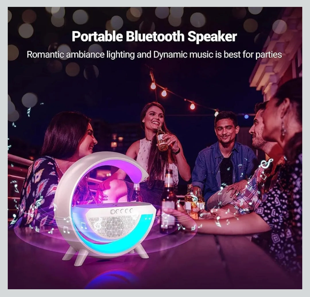 WBD G Shape Rechargeable Multifunctional Bluetooth Speaker with 15W Wireless Charger Cum Color Changing Desk Lamp Luxurious Google Bedside Table Lamp FM Radio with AUX and Wireless Charger